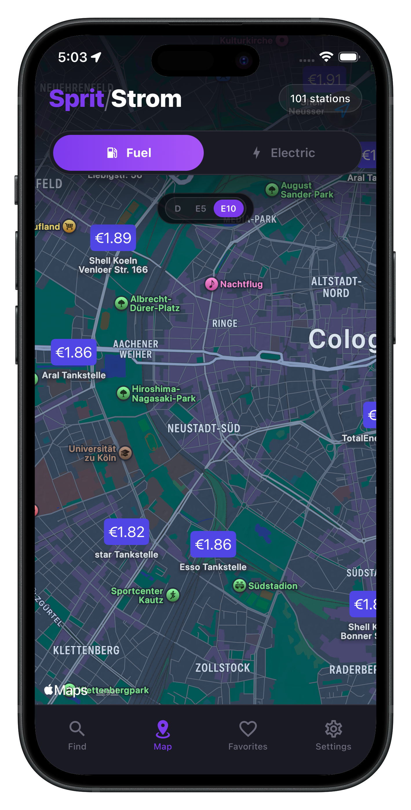 Spritstrom Kartenansicht mit Tankstellen und Preisen